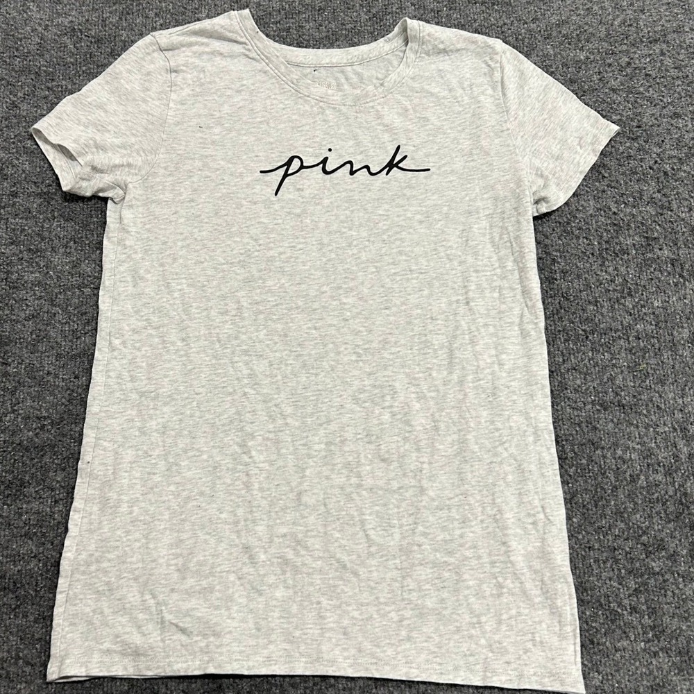 PINK T-Shirt Womens Size XS Heather Gray Script Logo Short Sleeve Casual Tee